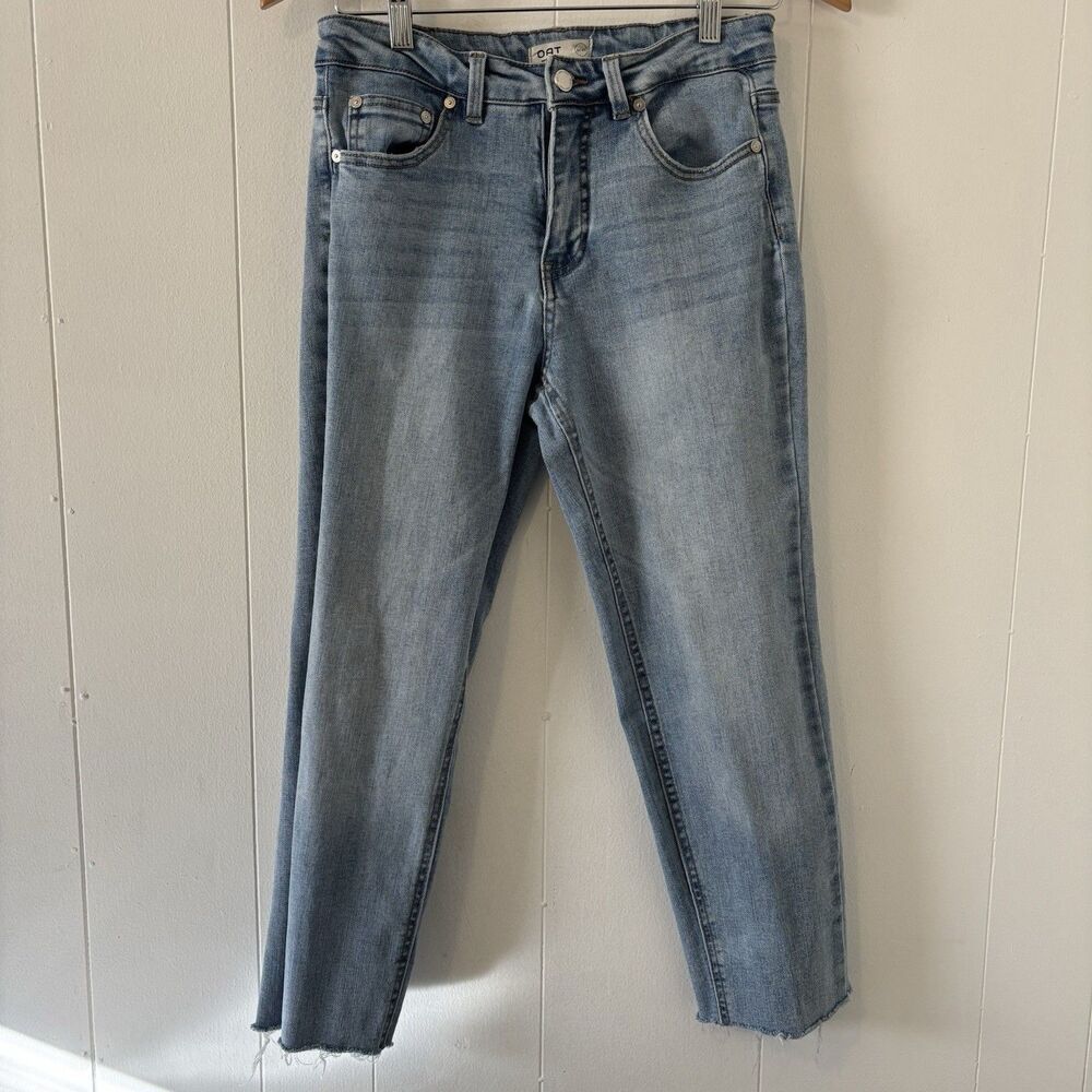 Oat New York High-Rise Jeans Medium Wash Blue Straight Leg Raw Hem Crop 28/6